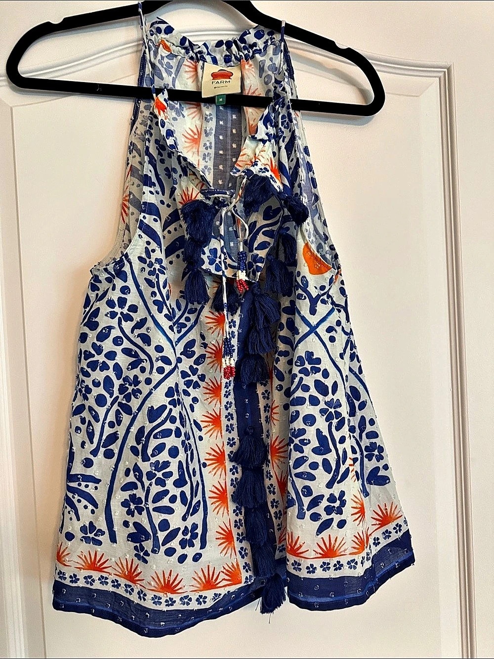 FARM Rio Blue & White Floral Tassel Blouse